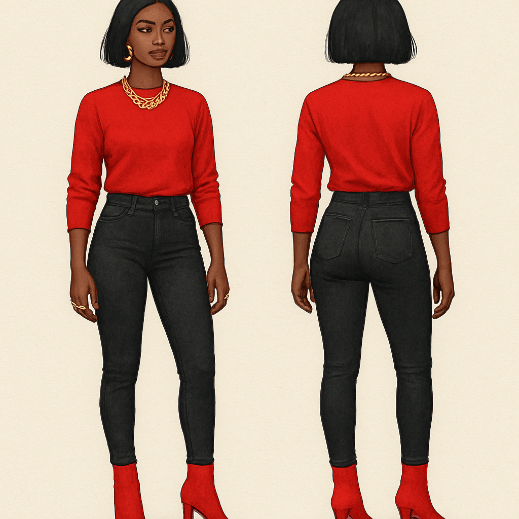 Black woman
Red shirt
Tight black jeans
Red heel boots
Gold necklace
And earrings
Gold rings on fingers
A Bob
Black woman
Red shirt
Tight black jeans
Red heel boots
Gold necklace
And earrings
Gold rings on fingers
A Bob , streetwear style, show front and back