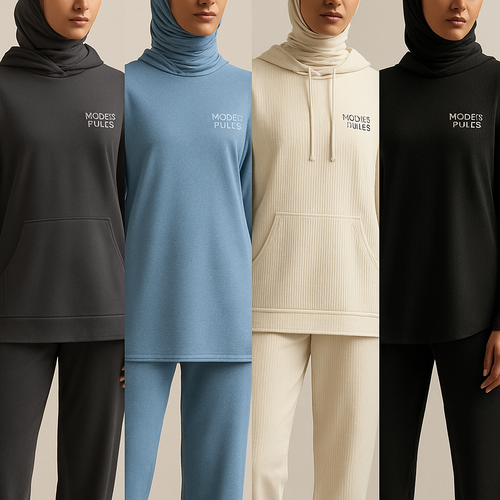 Create a revolutionary women’s modest loose gym wear brand called “Modest Fleur”. Display the brand name on the garments in a unique design on the upper right side, in small thick writing that exudes a classy and sophisticated vibe. I’d like four designs, each showcasing different styles and fabrics, with high-end, unique chic designs to make them truly special.