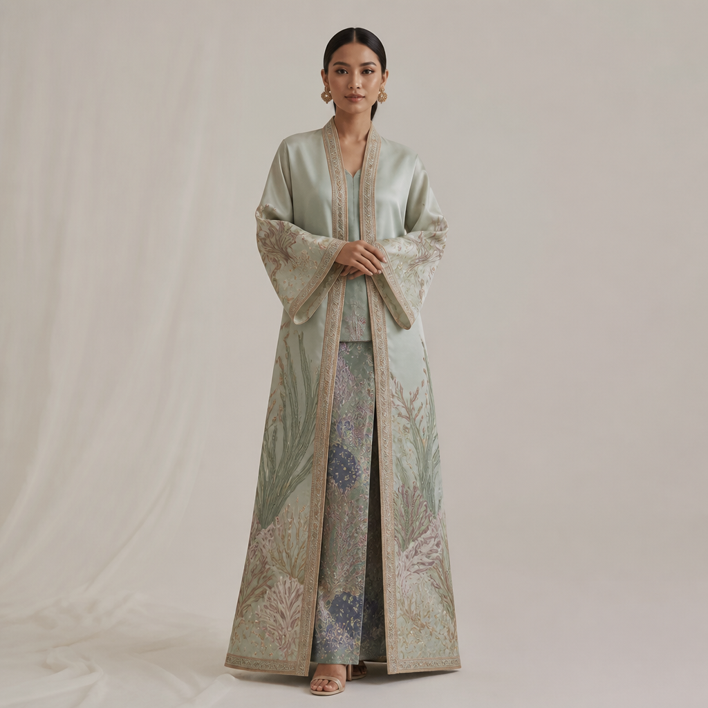 A Kebaya design. كيمونو برسوم اعشاب البحر و الاليئ. SD fashion aesthetics. Present it as professional fashion catalogue photography: the garment is the subject, shown full-length with editorial styling, neutral posing and tasteful, non-suggestive framing.
photorealistic fashion design, A Kebaya design. كيمونو برسوم اعشاب البحر و الاليئ. SD fashion aesthetics. Present it as professional fashion catalogue photography: the garment is the subject, shown full-length with editorial styling, neutral posing and tasteful, non-suggestive framing., just the design no text