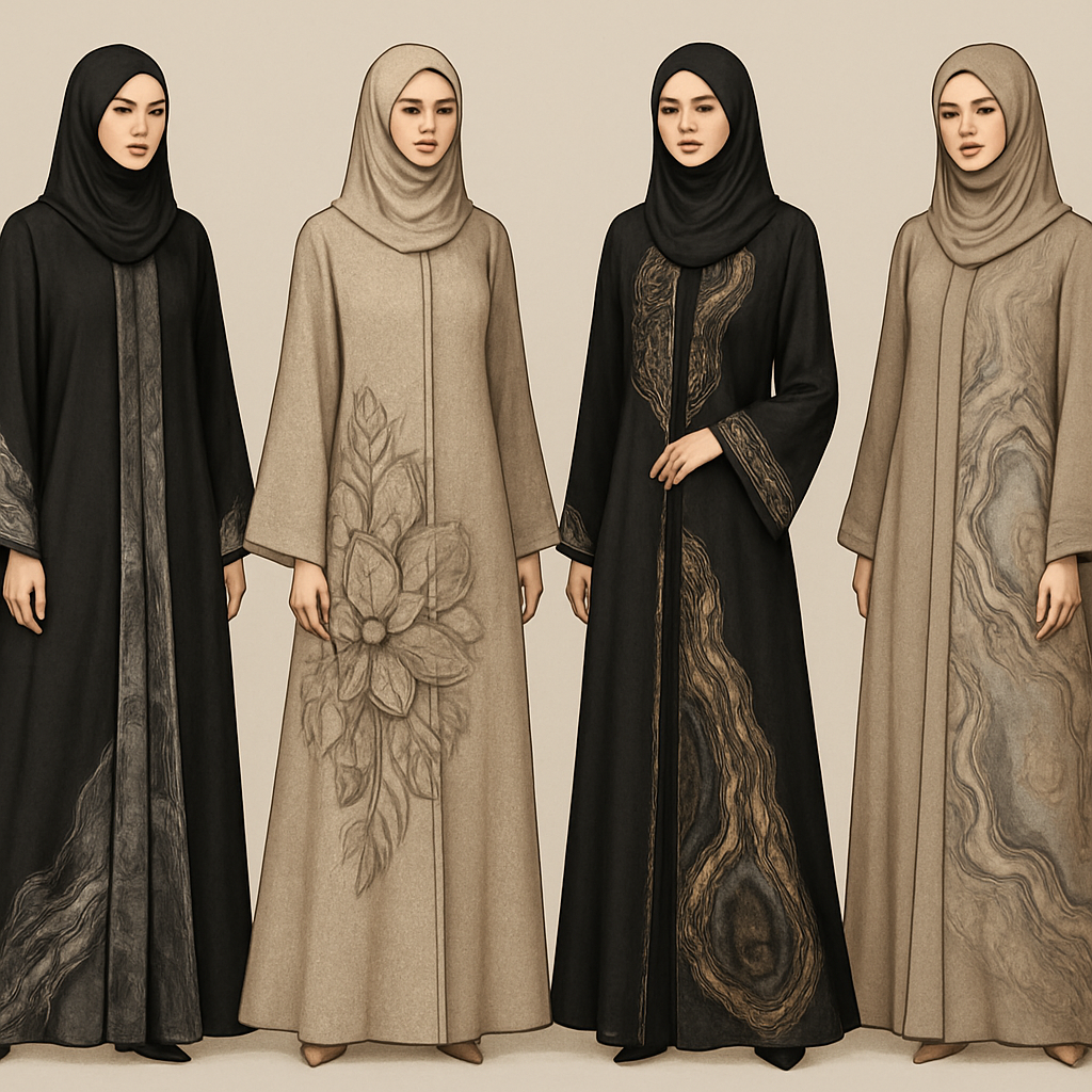 Create a modest abaya that's the first of its kind, featuring a unique stone design that exudes a classy and sophisticated vibe. I'd like four designs, each showcasing different styles and fabrics.Incorporate high-end, unique chic stone designs to make them truly special. And add little cute touch of sophisticated stone designs. Add huge flower and unique designs.
Create a modest abaya that's the first of its kind, featuring a unique stone design that exudes a classy and sophisticated vibe. I'd like four designs, each showcasing different styles and fabrics.Incorporate high-end, unique chic stone designs to make them truly special. And add little cute touch of sophisticated stone designs. Add huge flower and unique designs.