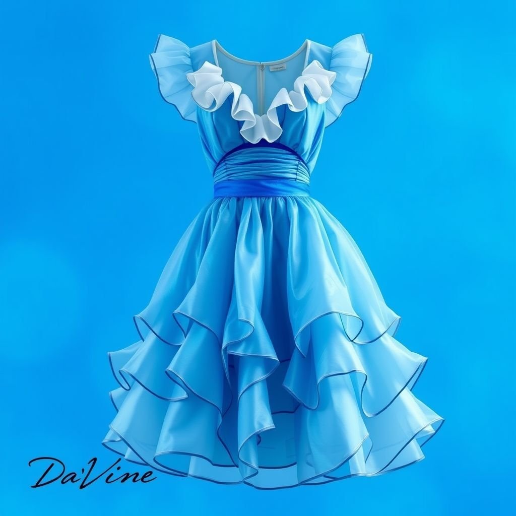 Can you create me a ruffled. The dress should flare out some at the bottom. With the colors, baby blue iridescent mermaid, royal blue iridescent mermaid, and white. With Iridescent Mermaid Scale Gradient Organza Fabric With Pleats And Ruffles For Decoration. Put Da’Vine in the bottom left corner of screen.
Design a stunning geek_chic ruffled dress featuring iridescent mermaid scale gradient organza fabric. The flattering silhouette should gently flare at the bottom, composed of baby blue and royal blue hues, complemented by delicate white accents. Include playful pleats and ruffles, crafting a whimsical yet sophisticated look. Signature 'Da’Vine' displayed subtly in the bottom left corner enhances the design's unique allure, merging fantasy with technology.