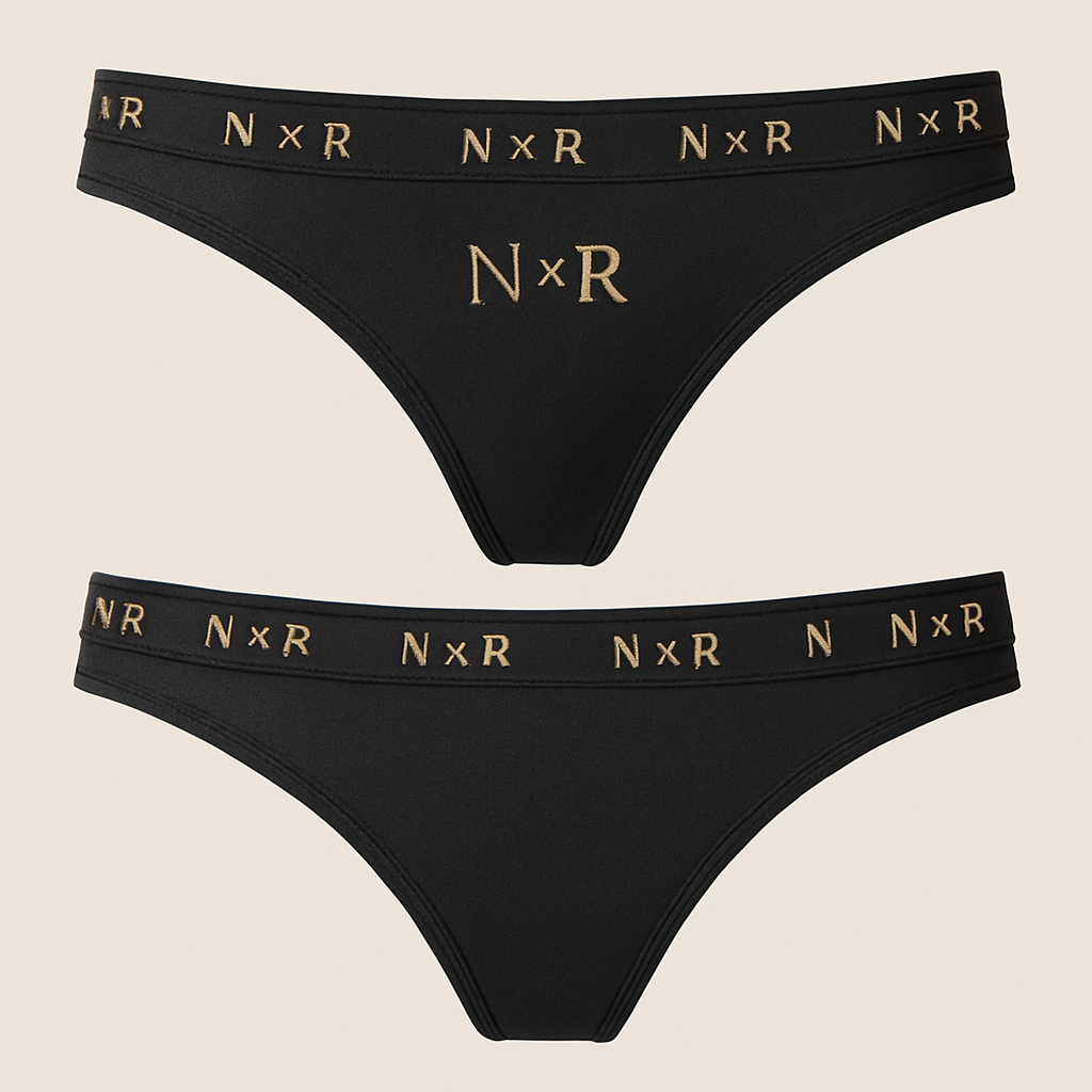🖤 N x R – Trusse Design (produktillustration vejledning)
Form:
• Klassisk tanga/string med smal hofteelastik.
• Let V-form foran og smallere bagpå.
Materiale:
• Sort, mat mikrofiber eller satinblød nylon/spandex-blanding.
• Bløde sømme med diskret glans.
Farver:
• Base: dyb sort (#0A0A0A)
• Detaljer & logo: børstet guld (#D4AF37)
Elastik/linning:
• 2 cm bred, sort elastik.
• Løber hele vejen rundt med gentaget “N x R”-logo i guld.
• Logoet trykkes med let metallic finish.
Logo-placering:
• Hovedlogo midt foran.
• Små gentagelser af “N x R” hele vejen rundt i linningen.
Finish:
• Inderside foret med blødt, åndbart stof.
• Lille sort label på indersiden med guldtekst “Made in Denmark”.
🖤 N x R – Trusse Design (produktillustration vejledning)
Form:
• Klassisk tanga/string med smal hofteelastik.
• Let V-form foran og smallere bagpå.
Materiale:
• Sort, mat mikrofiber eller satinblød nylon/spandex-blanding.
• Bløde sømme med diskret glans.
Farver:
• Base: dyb sort (#0A0A0A)
• Detaljer & logo: børstet guld (#D4AF37)
Elastik/linning:
• 2 cm bred, sort elastik.
• Løber hele vejen rundt med gentaget “N x R”-logo i guld.
• Logoet trykkes med let metallic finish.
Logo-placering:
• Hovedlogo midt foran.
• Små gentagelser af “N x R” hele vejen rundt i linningen.
Finish:
• Inderside foret med blødt, åndbart stof.
• Lille sort label på indersiden med guldtekst “Made in Denmark”.
, casual style, show front and back