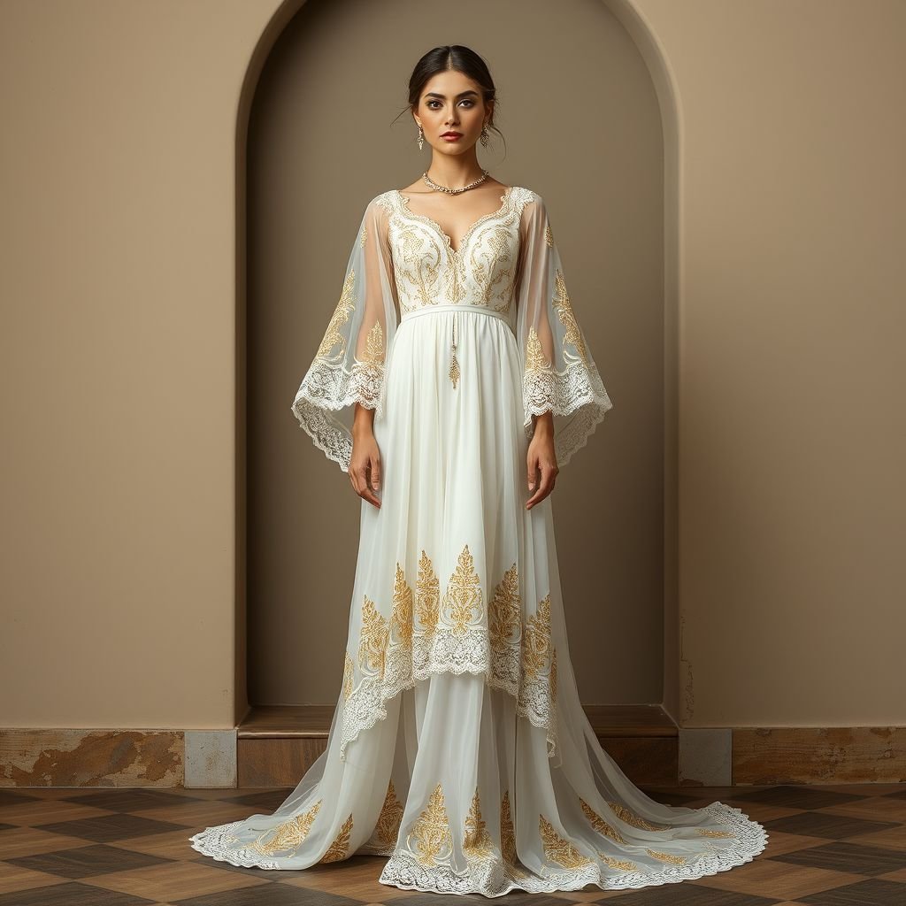 Caftán en forma de vestido de novia inspirado en la época de protectorado español en la ciudad de Tetuán en Marruecos
Imagina un caftán de novia que fusiona la elegancia de la época del protectorado español en Tetuán con detalles contemporáneos. Tela de organza blanca, bordados intrincados en oro brillante, y mangas acampanadas que aportan un aire bohemio. Un toque de color vibrante en el cinturón realza la silueta, evocando tradición y modernidad.