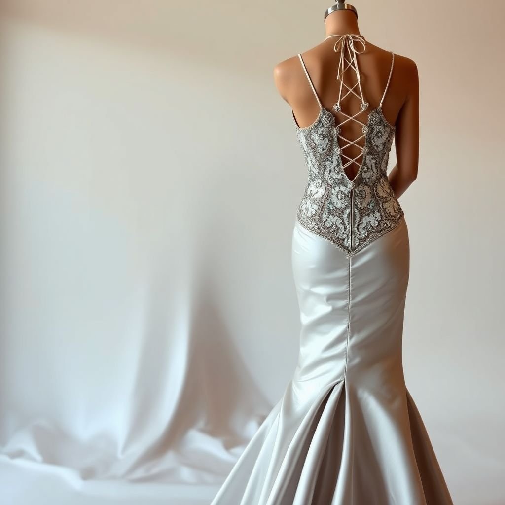 Sequin bodice with shoe string straps and lace up back with satin skirt ruching at the front
Envision an enchanting evening gown featuring a dazzling sequin bodice adorned with intricate beadwork, delicately held by shoe string straps. The alluring lace-up back adds an element of surprise, while a flowing satin skirt cascades gracefully from a ruched front, creating an ethereal silhouette that effortlessly blends glamour with romantic charm.