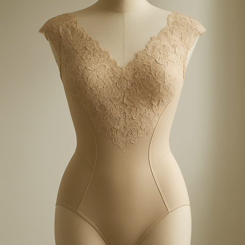 Luxury women’s bodysuit in nude tone with technical compression fabric and refined lace neckline. Elegant floral lace overlay with smooth transitions, sculpting effect around the waist and hips, couture-inspired design, photographed in soft daylight, minimal and elegant style.”