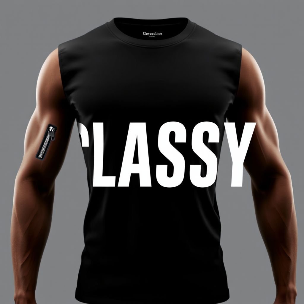 Sleeveless tshirt for men with the name “ CLASSY “ and zipper at the left side on arms from scuba material Black
Design a sleek, sleeveless men's t-shirt crafted from premium black scuba material. The fabric boasts a smooth finish and subtle sheen. The bold word "CLASSY" is emblazoned across the chest in striking white typography. A unique zipper runs along the left arm, allowing for adjustable sleeve length and adding an edgy flair.