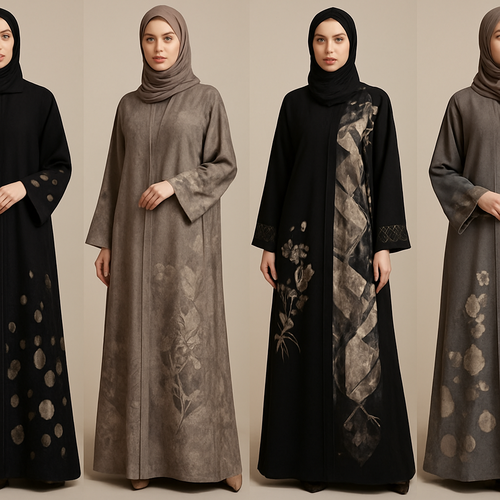 Create a modest chic abaya, the first of its kind, featuring a unique stone design that exudes a classy and sophisticated vibe. I'd like four designs, each showcasing different styles and fabrics. Incorporate high-end, unique chic stone designs to make them truly special. Add little sophisticated stone designsa and some touch of elite flower design.