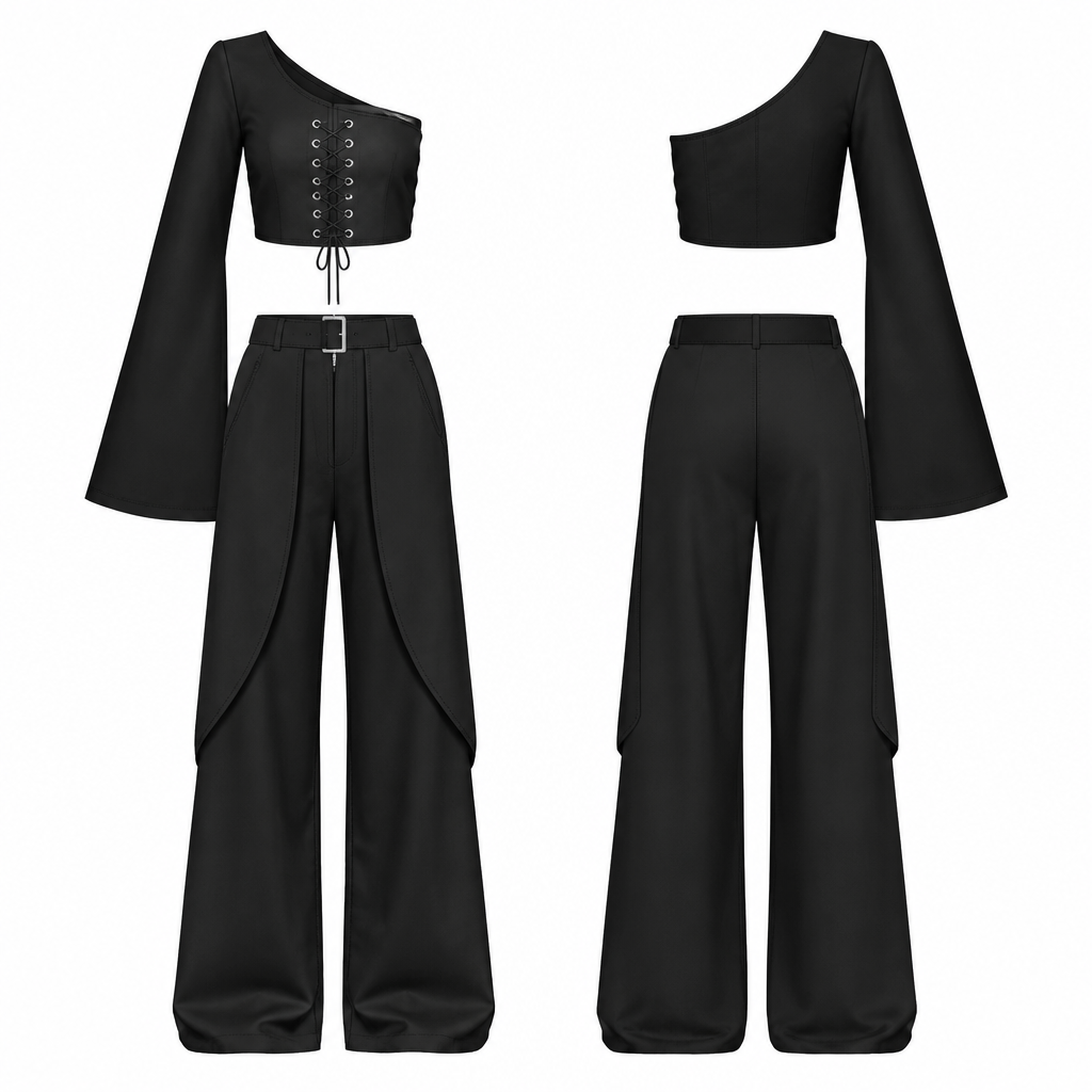 Top monospalla corto, allaccio con motivo occhielli e
intreccio sul davanti; maniche svasate.
Palace trousers with panel superimposed on the
In front. Zipper and hook fastening; belt with
Waist buckle. Side pockets.
Milan stitch fabric.
photorealistic fashion design, Top monospalla corto, allaccio con motivo occhielli e
intreccio sul davanti; maniche svasate.
Palace trousers with panel superimposed on the
In front. Zipper and hook fastening; belt with
Waist buckle. Side pockets.
Milan stitch fabric., streetwear style, just the design no text, show front and back