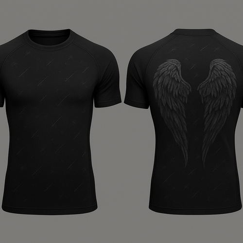 Black base short sleeve compression jujitsu rash guard shirt. 2 angle wings on the back, one white and the other dark gray. Make the wings kinda form a shape of a heart without making it too obnoxious so the wings look natural still 

Little less of a bear shape and make the wings come down almost to the bottom of the shit 

Can you make a design of what would look like shooting starts but a cross figure at the end of them. I want them embroidered all over other shirt and in a dark color that is a little lighter than the base black but I want it to be you can’t see it unless you look close 