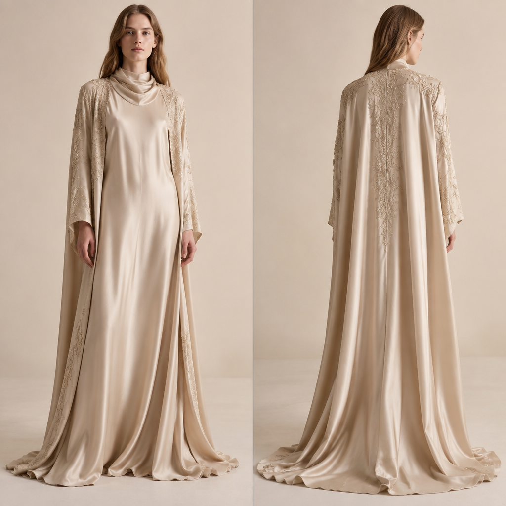 A Unisex Dress design, made of Silk, with a sleek, smooth finish, with a Relaxed silhouette, in a Neutrals color palette, for Wedding, suitable for Fall, suited to a Cold climate, in Luxury + Formal style, shown on a model with fair skin and a tall figure Present it as professional fashion catalogue photography: the garment is the subject, shown full-length with editorial styling, neutral posing and tasteful, non-suggestive framing.
photorealistic fashion design, A Unisex Dress design, made of Silk, with a sleek, smooth finish, with a Relaxed silhouette, in a Neutrals color palette, for Wedding, suitable for Fall, suited to a Cold climate, in Luxury + Formal style, shown on a model with fair skin and a tall figure Present it as professional fashion catalogue photography: the garment is the subject, shown full-length with editorial styling, neutral posing and tasteful, non-suggestive framing., luxury style, just the design no text, show front and back