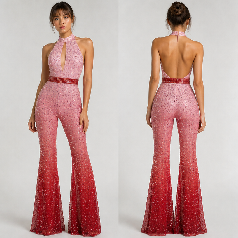 Add a red ombré beaded belt and make it a high neck halter with keyhole
edit the attached fashion design with these instructions: Add a red ombré beaded belt and make it a high neck halter with keyhole. keep it photorealistic, just the design no text