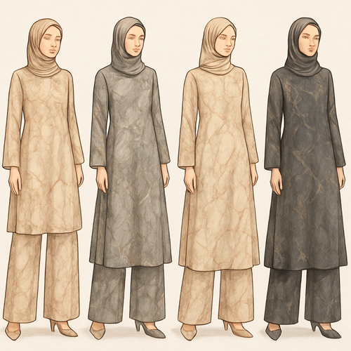 Create a modest two piece loose pant and long dress , first of its kind, featuring a unique stone design that exudes a classy and sophisticated vibe. I'd like four designs, each showcasing different styles and fabrics. Incorporate high-end, unique chic stone designs to make them truly special. Add little sophisticated stone designs. Make it irresistible!