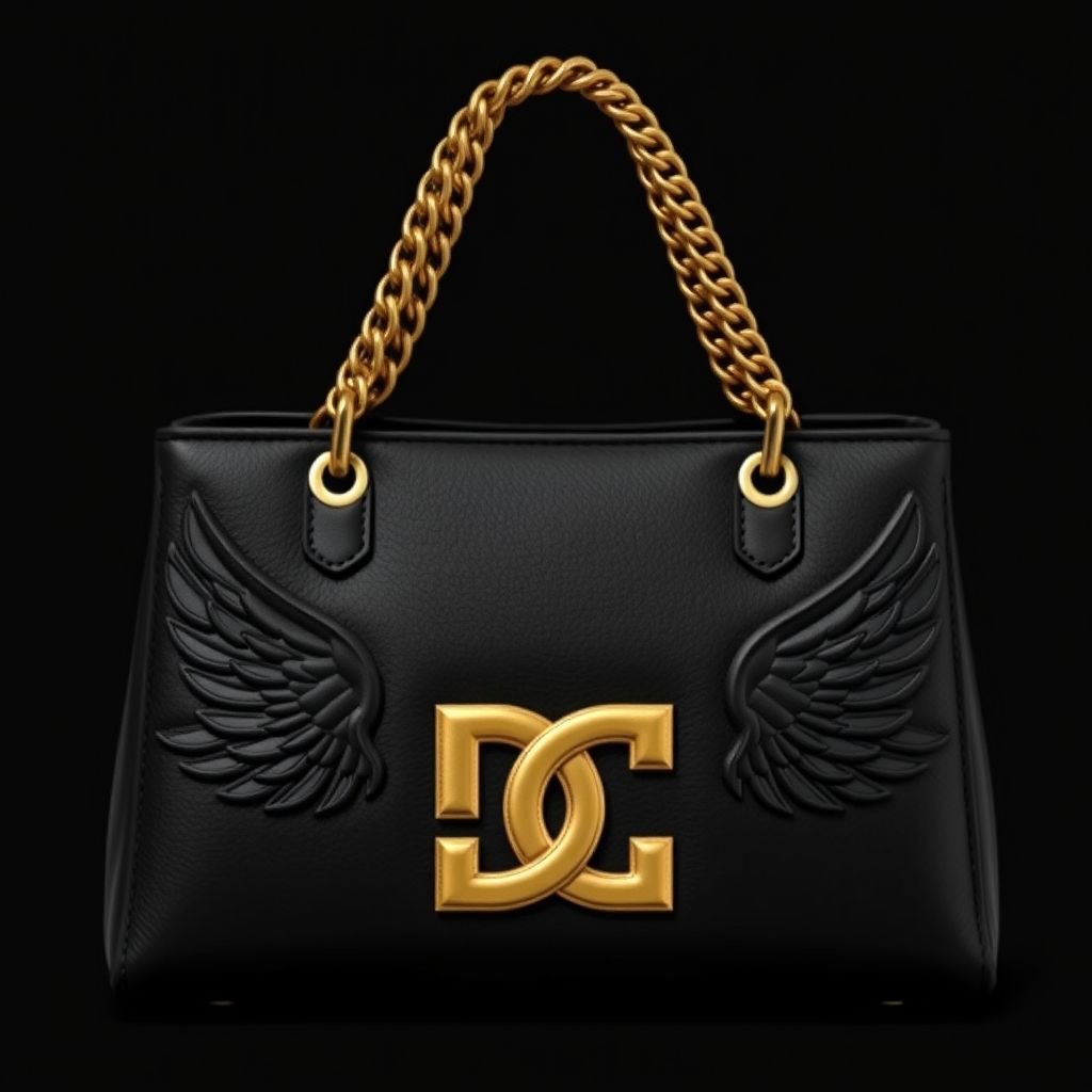 Black leather hand bag with gold DC logo at the front of the bag, wings on the side or at the back of the shoe to show the logo sign and a gold chain as a hand bag handle
Luxurious black leather handbag, exuding sophistication. Prominent gold DC logo elegantly displayed at the front. Intricate wing designs adorning the sides, symbolizing freedom and elegance. A striking gold chain glimmers as the handbag handle, adding a touch of opulence. Chic and modern, perfect for the fashion-forward individual. Timeless appeal.