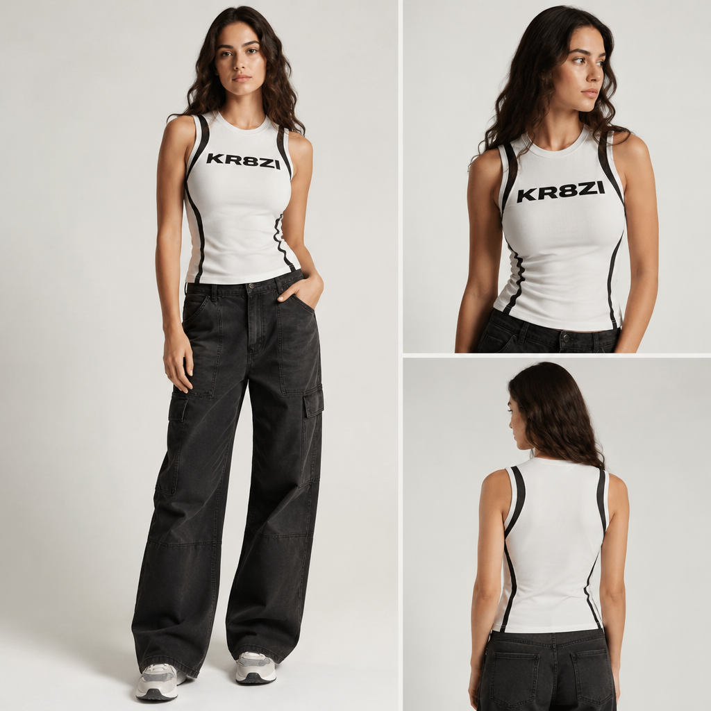 in Streetwear + Classic style. ladies slaveless top with "KR8ZI" design. Design with modest coverage. Present it as professional fashion catalogue photography: the garment is the subject, shown full-length with editorial styling, neutral posing and tasteful, non-suggestive framing.
photorealistic fashion design, in Streetwear + Classic style. ladies slaveless top with "KR8ZI" design. Design with modest coverage. Present it as professional fashion catalogue photography: the garment is the subject, shown full-length with editorial styling, neutral posing and tasteful, non-suggestive framing., streetwear style, just the design no text