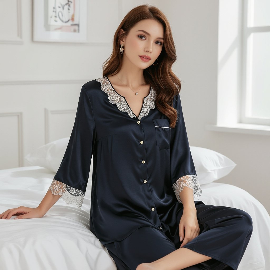 Luxury sleep wear for women with lace and pearls
Sleepwear fashion: Women's silk sleepwear with lace trim and small pearl buttons.