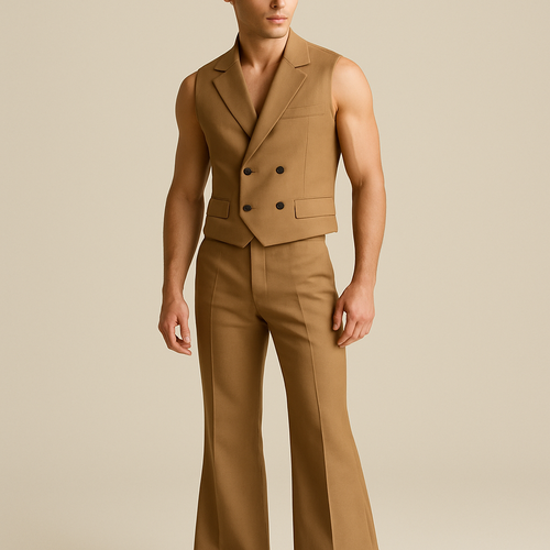 Short Cross tan khaki vest and flared tan khaki bottoms with a khaki cap with a mix of more sporty and a little business look on man with no undershirt 