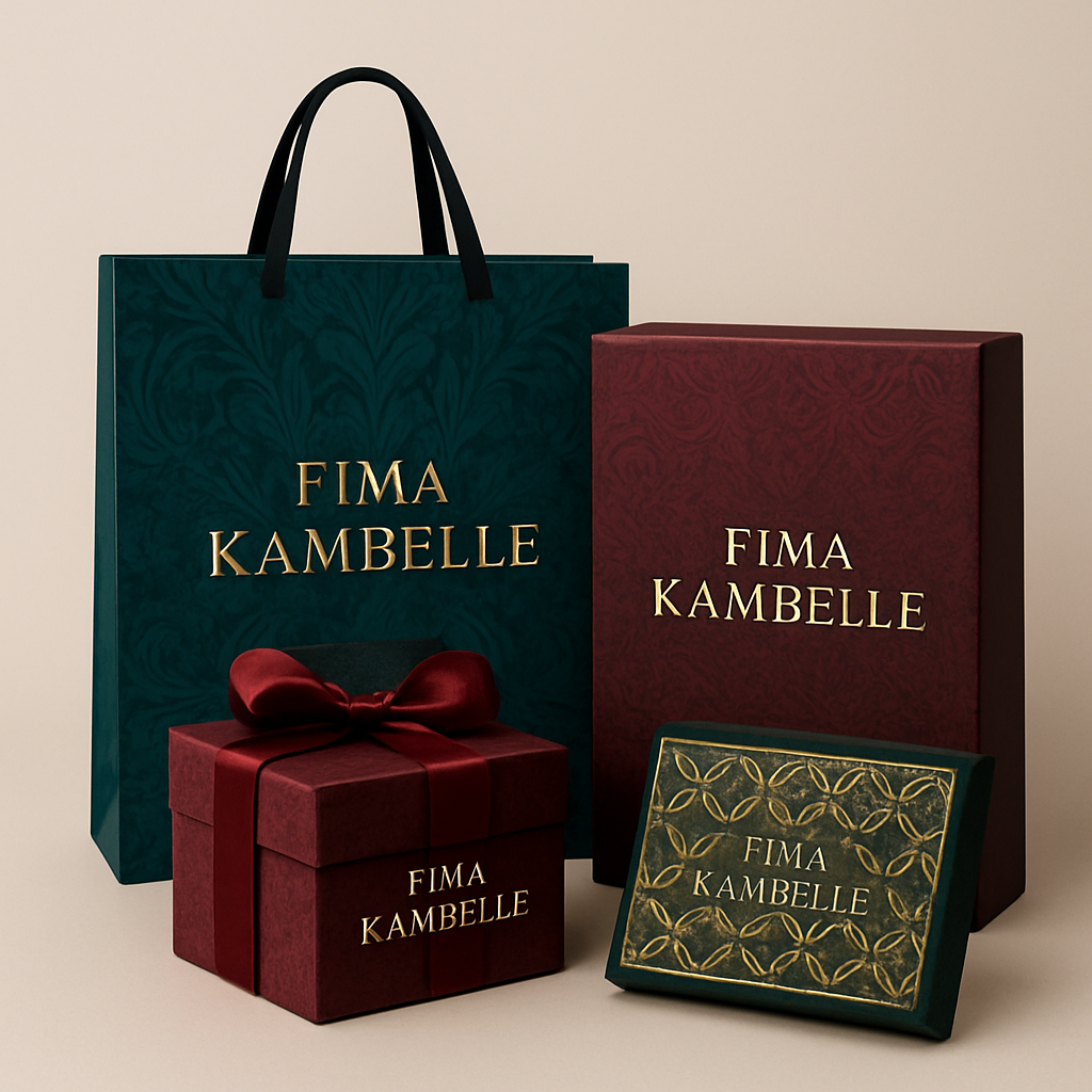 Create me 4 different unique, sophisticated packages materials for my clothing brand FIMA KAMBELLE by making it first of its kind and chic. Rich colors and designs
Create me 4 different unique, sophisticated packages materials for my clothing brand FIMA KAMBELLE by making it first of its kind and chic. Rich colors and designs