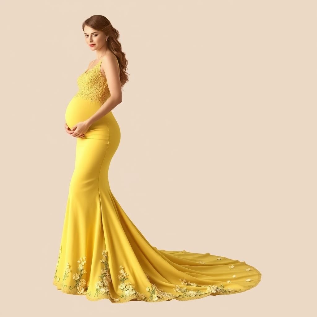 Yellow maternity mermaid dress with chantily lace and flower petals on the bottom of the dress
Design a classic yellow maternity mermaid dress that hugs the curves elegantly. Feature intricate Chantilly lace detailing along the bodice, leading to a flowing skirt adorned with delicate flower petals cascading at the hem. The dress should exude timeless grace, perfect for celebrating motherhood while allowing for comfort and sophistication.