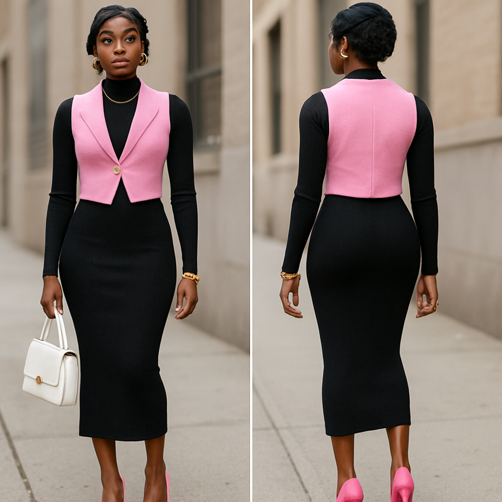 Black woman 
Finger waves 
Long tight collared black dress 
Pink vest with a pearl as a button 
White purse 
Pink heels 
gold jewelry 
Clear lipgloss 
Black woman 
Finger waves 
Long tight collared black dress 
Pink vest with a pearl as a button 
White purse 
Pink heels 
gold jewelry 
Clear lipgloss 
, streetwear style, show front and back