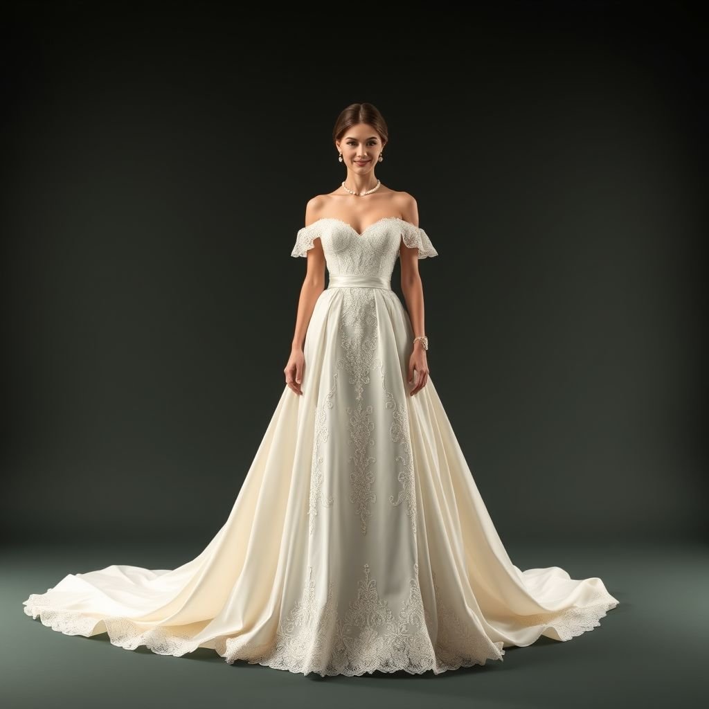 A floor length gown off shoulder design
Design a captivating floor-length gown with an elegant off-shoulder silhouette, featuring cascading silk layers that flow gracefully to the floor. Adorn the bodice with intricate vintage lace, exuding timeless charm. Emphasize a classic color palette of deep emerald and ivory. Complete the look with delicate pearl accessories and a satin sash.