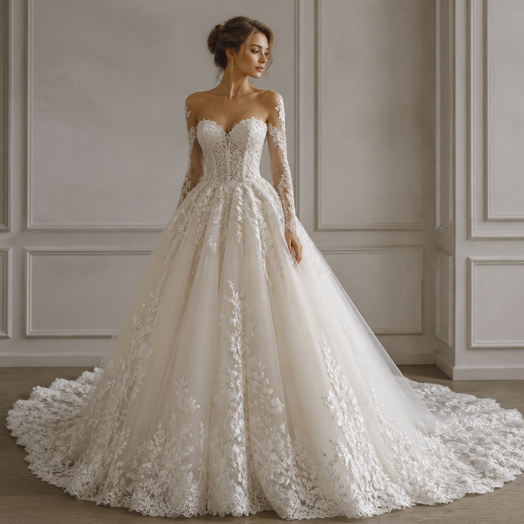 A classic wedding gown in ivory tulle, sweetheart neckline, corseted bodice with lace appliqué, dramatic ball gown skirt with a cathedral train, long lace sleeves, soft and ethereal, bridal photography style.”
photorealistic fashion design, A classic wedding gown in ivory tulle, sweetheart neckline, corseted bodice with lace appliqué, dramatic ball gown skirt with a cathedral train, long lace sleeves, soft and ethereal, bridal photography style.”, just the design no text