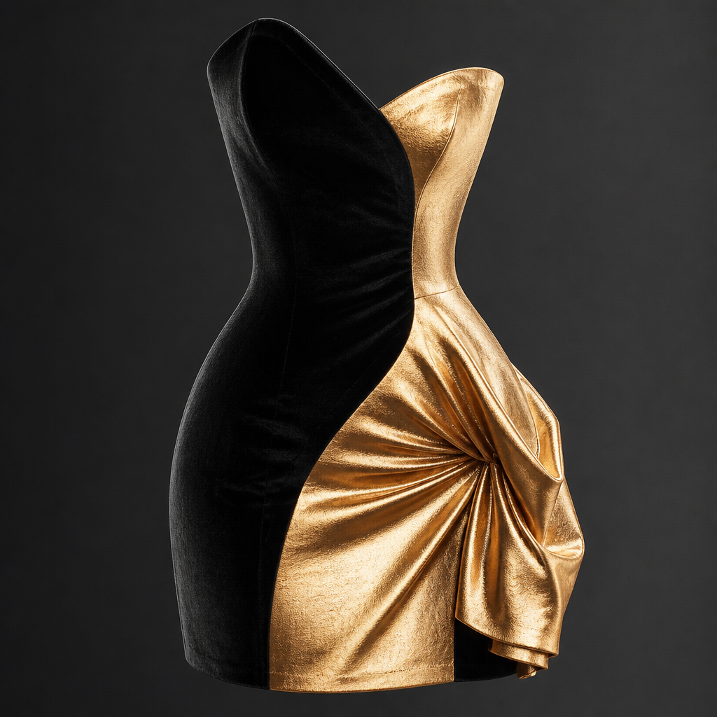 A dramatic couture mini dress inspired by the rare beauty of a solar eclipse. One side of the dress is crafted from rich midnight-black velvet, while the opposite side features luminous antique-gold fabric. A sweeping curved transition between the two colors mirrors the visual effect of celestial shadow and light. The structured silhouette remains elegant and refined, allowing the bold contrast to become the focal point. The result is a timeless masterpiece that symbolizes mystery, power, and luxury.
photorealistic fashion design, A dramatic couture mini dress inspired by the rare beauty of a solar eclipse. One side of the dress is crafted from rich midnight-black velvet, while the opposite side features luminous antique-gold fabric. A sweeping curved transition between the two colors mirrors the visual effect of celestial shadow and light. The structured silhouette remains elegant and refined, allowing the bold contrast to become the focal point. The result is a timeless masterpiece that symbolizes mystery, power, and luxury., just the design no text