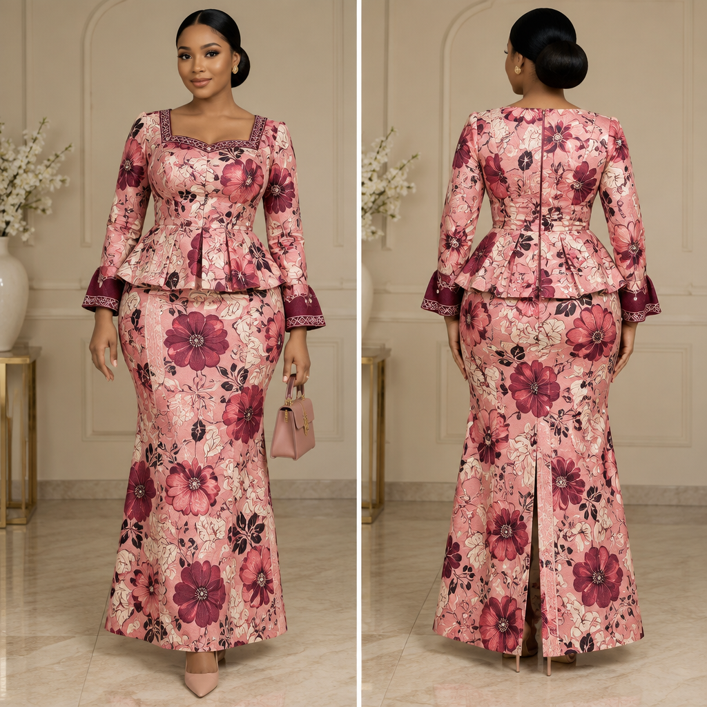 Design a sophisticated, feminine and modern Arewa/Borno-inspired Ankara two-piece outfit consisting of a tailored top and a long skirt.
The overall aesthetic should be modern Northern Nigerian elegance — culturally rooted, modest, graceful and luxurious, but not overly traditional or costume-like. The outfit should look like something a stylish young Borno/Arewa woman would genuinely wear to an elegant occasion.
FABRIC:
Use a beautiful Ankara fabric with a feminine floral pattern, preferably a pink-based print with shades of blush pink, dusty rose, cream, burgundy and subtle darker accents. The Ankara should remain the main visual focus. Use a plain complementary fabric only for small structured details if necessary.
TOP — FRONT:
Create a fitted but comfortable peplum-style top that gently defines the waist without being extremely tight. The top should have a clean, elegant neckline — a modest rounded-square or soft sweetheart neckline — with enough coverage to remain sophisticated.
The bodice should be structured and beautifully tailored. Add subtle Northern-inspired detailing around the neckline and upper bodice, such as delicate embroidery, piping or small geometric detailing, but keep it minimal.
The peplum should begin naturally at the waist and fall softly over the hips, creating a feminine silhouette without being excessively flared.
SLEEVES:
Use elegant long sleeves, fitted around the forearm with a slightly structured or softly flared cuff. Add a small Ankara-and-plain-fabric detail or delicate embroidery around the cuffs.
The sleeves should look graceful rather than puffy or overly dramatic.
TOP — BACK:
The back should maintain the same clean, sophisticated design. Include a concealed zip or neat button closure. The waist should be clearly defined from the back, with the peplum falling naturally over the hips.
SKIRT — FRONT:
Create a long, high-waisted skirt that sits neatly at the natural waist and falls gracefully toward the ankles. The skirt should be fitted around the waist and upper hips before becoming slightly fuller toward the bottom.
Use a subtle A-line or gentle mermaid-inspired silhouette — elegant and feminine, but comfortable enough to walk and sit in.
Add a tasteful side slit or back slit for movement, but keep it modest.
SKIRT — BACK:
The back should have a clean, flattering silhouette with a concealed zip. The skirt should fall smoothly without excessive gathering or volume.
AREWA/BORNO DETAILS:
Incorporate subtle design influences inspired by Northern Nigerian fashion and Borno aesthetics rather than copying a traditional kaftan. Think clean geometric embroidery, refined borders, elegant sleeve finishing and structured tailoring.
The cultural influence should be noticeable but understated.
ACCESSORIES/STYLING:
Style the outfit with simple gold jewellery, elegant pointed-toe or heeled shoes, and a structured handbag. Keep the accessories minimal because the Ankara should remain the focus.
HAIR:
A sleek low bun or elegant modest updo.
MAKEUP:
Soft, feminine and polished — natural-looking skin, defined brows, subtle eyeshadow, soft blush and a muted pink/nude lip.
OVERALL LOOK:
The final outfit should communicate:
soft girl + modern Arewa woman + Borno heritage + understated luxury + feminine elegance.
Avoid excessive beads, rhinestones, huge sleeves, exaggerated peplums, overly busy embroidery, overly revealing cuts, or a generic West African party-wear appearance.
Show the outfit clearly from the front, back and side, with enough detail for a professional tailor to reproduce the design.
photorealistic fashion design, Design a sophisticated, feminine and modern Arewa/Borno-inspired Ankara two-piece outfit consisting of a tailored top and a long skirt.
The overall aesthetic should be modern Northern Nigerian elegance — culturally rooted, modest, graceful and luxurious, but not overly traditional or costume-like. The outfit should look like something a stylish young Borno/Arewa woman would genuinely wear to an elegant occasion.
FABRIC:
Use a beautiful Ankara fabric with a feminine floral pattern, preferably a pink-based print with shades of blush pink, dusty rose, cream, burgundy and subtle darker accents. The Ankara should remain the main visual focus. Use a plain complementary fabric only for small structured details if necessary.
TOP — FRONT:
Create a fitted but comfortable peplum-style top that gently defines the waist without being extremely tight. The top should have a clean, elegant neckline — a modest rounded-square or soft sweetheart neckline — with enough coverage to remain sophisticated.
The bodice should be structured and beautifully tailored. Add subtle Northern-inspired detailing around the neckline and upper bodice, such as delicate embroidery, piping or small geometric detailing, but keep it minimal.
The peplum should begin naturally at the waist and fall softly over the hips, creating a feminine silhouette without being excessively flared.
SLEEVES:
Use elegant long sleeves, fitted around the forearm with a slightly structured or softly flared cuff. Add a small Ankara-and-plain-fabric detail or delicate embroidery around the cuffs.
The sleeves should look graceful rather than puffy or overly dramatic.
TOP — BACK:
The back should maintain the same clean, sophisticated design. Include a concealed zip or neat button closure. The waist should be clearly defined from the back, with the peplum falling naturally over the hips.
SKIRT — FRONT:
Create a long, high-waisted skirt that sits neatly at the natural waist and falls gracefully toward the ankles. The skirt should be fitted around the waist and upper hips before becoming slightly fuller toward the bottom.
Use a subtle A-line or gentle mermaid-inspired silhouette — elegant and feminine, but comfortable enough to walk and sit in.
Add a tasteful side slit or back slit for movement, but keep it modest.
SKIRT — BACK:
The back should have a clean, flattering silhouette with a concealed zip. The skirt should fall smoothly without excessive gathering or volume.
AREWA/BORNO DETAILS:
Incorporate subtle design influences inspired by Northern Nigerian fashion and Borno aesthetics rather than copying a traditional kaftan. Think clean geometric embroidery, refined borders, elegant sleeve finishing and structured tailoring.
The cultural influence should be noticeable but understated.
ACCESSORIES/STYLING:
Style the outfit with simple gold jewellery, elegant pointed-toe or heeled shoes, and a structured handbag. Keep the accessories minimal because the Ankara should remain the focus.
HAIR:
A sleek low bun or elegant modest updo.
MAKEUP:
Soft, feminine and polished — natural-looking skin, defined brows, subtle eyeshadow, soft blush and a muted pink/nude lip.
OVERALL LOOK:
The final outfit should communicate:
soft girl + modern Arewa woman + Borno heritage + understated luxury + feminine elegance.
Avoid excessive beads, rhinestones, huge sleeves, exaggerated peplums, overly busy embroidery, overly revealing cuts, or a generic West African party-wear appearance.
Show the outfit clearly from the front, back and side, with enough detail for a professional tailor to reproduce the design., african style, just the design no text, show front and back