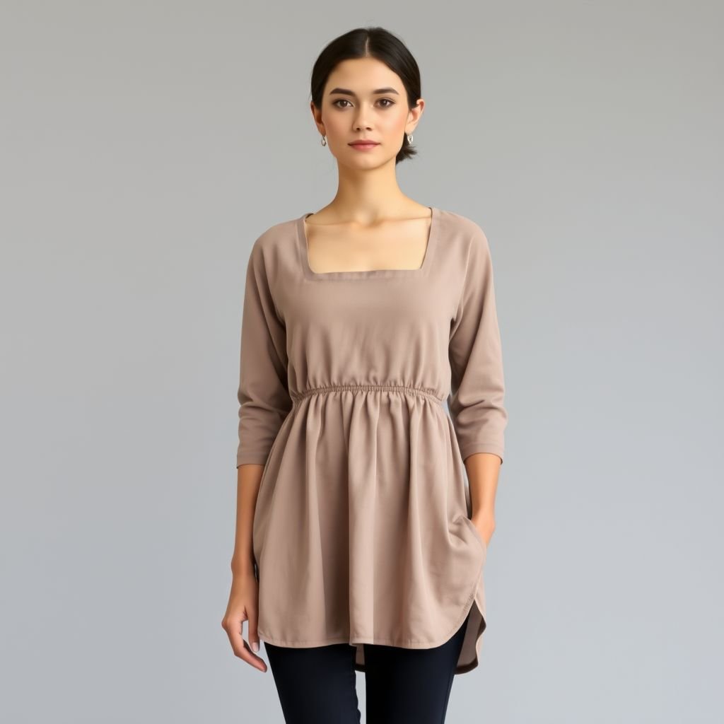 Basic cotton jersey babydoll empire waist tunic with fitted three-quarter sleeves fitted bust bodice flare under bust square neckline shirt tail hemline
Design a minimalist cotton jersey babydoll tunic featuring a streamlined empire waist. The fitted three-quarter sleeves enhance the clean silhouette, while a subtle square neckline frames the bust. Virtuous simplicity shines through the shirt-tail hemline, offering elegance without unnecessary embellishments. Embrace neutral tones for a serene, contemporary look.