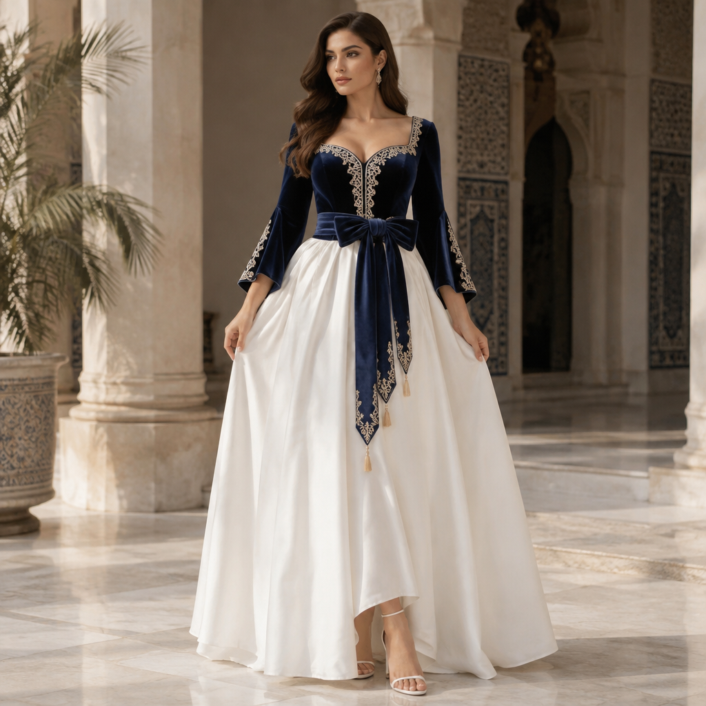 A Female Kaftan design, in Classic style. قفطان الصدر على شكل قلب محرج لونه ازرق بحري التنورة منفوخة لونها ابيض ربطة عنق زرقاء بحري محرجة وصندلة بيضاء عالية. Algeria fashion aesthetics. Present it as professional fashion catalogue photography: the garment is the subject, shown full-length with editorial styling, neutral posing and tasteful, non-suggestive framing.
photorealistic fashion design, A Female Kaftan design, in Classic style. قفطان الصدر على شكل قلب محرج لونه ازرق بحري التنورة منفوخة لونها ابيض ربطة عنق زرقاء بحري محرجة وصندلة بيضاء عالية. Algeria fashion aesthetics. Present it as professional fashion catalogue photography: the garment is the subject, shown full-length with editorial styling, neutral posing and tasteful, non-suggestive framing., classic style, just the design no text