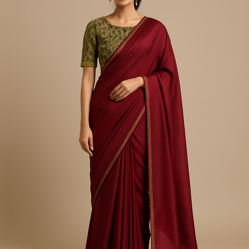 Maroon saree with olive handwork blouse
