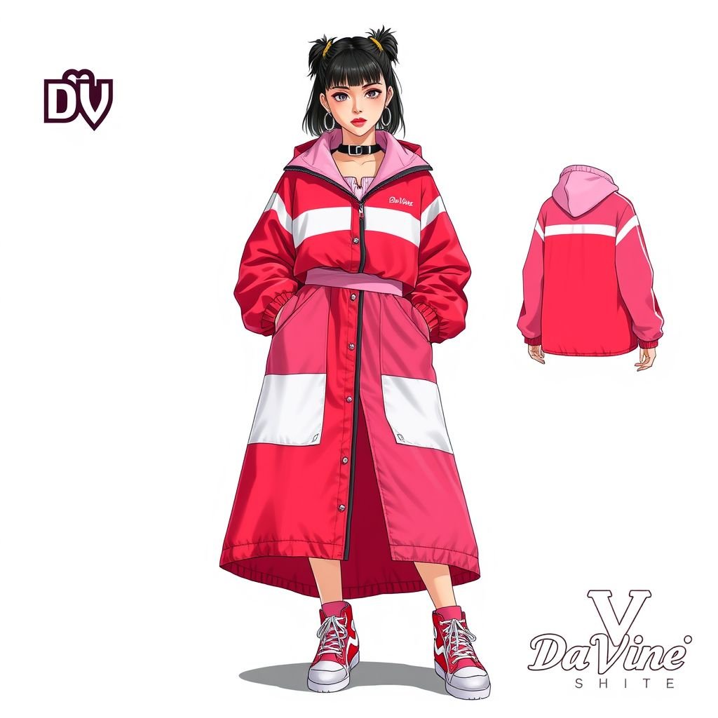 Streetrush women’s Street Sporty Academy Style, Street Hip-Hop Oversized midi skirt. These baby pink And red Color-Block Design, windbreaker material skirt. Feature Multiple Stripes, white and baby pink Paneling Design, And Front And Back Pattern Designs, Along With A Creative Double Waistband. They Are Suitable For All-Season Wear, Embody Street Rock Aesthetics, And Are Perfect For Music Festivals And Everyday Outfits. This Style Reflects Y2K Streetwear , Women’s Two-Tone Outdoor Sports , Chicago Jersey , Streetwear , Streetwear skirt. Put “DV” somewhere on it. Create me a logo for my brand “Da’Vine” and put it up there also
Design a striking women’s streetwear piece called the “Streetrush Skirt.” Featuring an oversized midi silhouette, crafted from baby pink and red color-block windbreaker material, the skirt incorporates vibrant stripes, white and baby pink paneling, and artistic front and back patterns. Emphasizing a creative double waistband, the design embodies Y2K street rock aesthetics, making it perfect for music festivals or everyday wear. Integrate the “DV” logo and the “Da’Vine” brand insignia prominently for an authentic urban vibe. Ideal for the vibrant, confident woman who embraces the essence of street culture and outdoor sports.