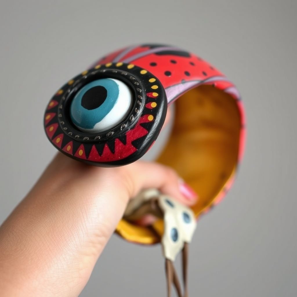 Papier-mâché bangle which is painted eyes on it
Imagine a vibrant, oversized papier-mâché bangle adorned with whimsical, hand-painted eyes that seem to follow the wearer. This statement piece embodies eclectic bohemian style, merging art and fashion. Pair it with flowy, asymmetrical dresses and layered textiles. The bangle serves as a focal point, radiating playful personality and creative expression.