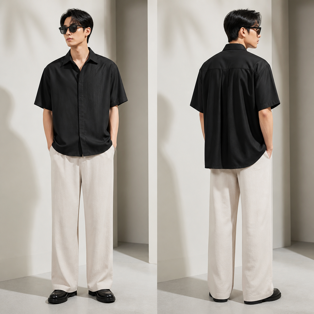 A Male Top design, suitable for Summer, in Elegant + Streetwear + Classic style. Vietnam fashion aesthetics. Present it as professional fashion catalogue photography: the garment is the subject, shown full-length with editorial styling, neutral posing and tasteful, non-suggestive framing.
photorealistic fashion design, A Male Top design, suitable for Summer, in Elegant + Streetwear + Classic style. Vietnam fashion aesthetics. Present it as professional fashion catalogue photography: the garment is the subject, shown full-length with editorial styling, neutral posing and tasteful, non-suggestive framing., elegant style, just the design no text