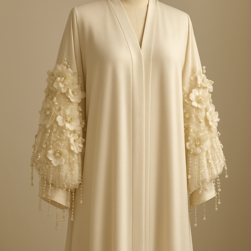 The Pearl Blossom Aura Abaya
Tone: Ivory or cream gold
Design:
Soft 3D blossoms around the sleeves, paired with delicate pearl strings hanging lightly.
Embellishment:
Creamy pearls + small champagne crystals.
Vibe: Bridal, gentle, luxurious purity.