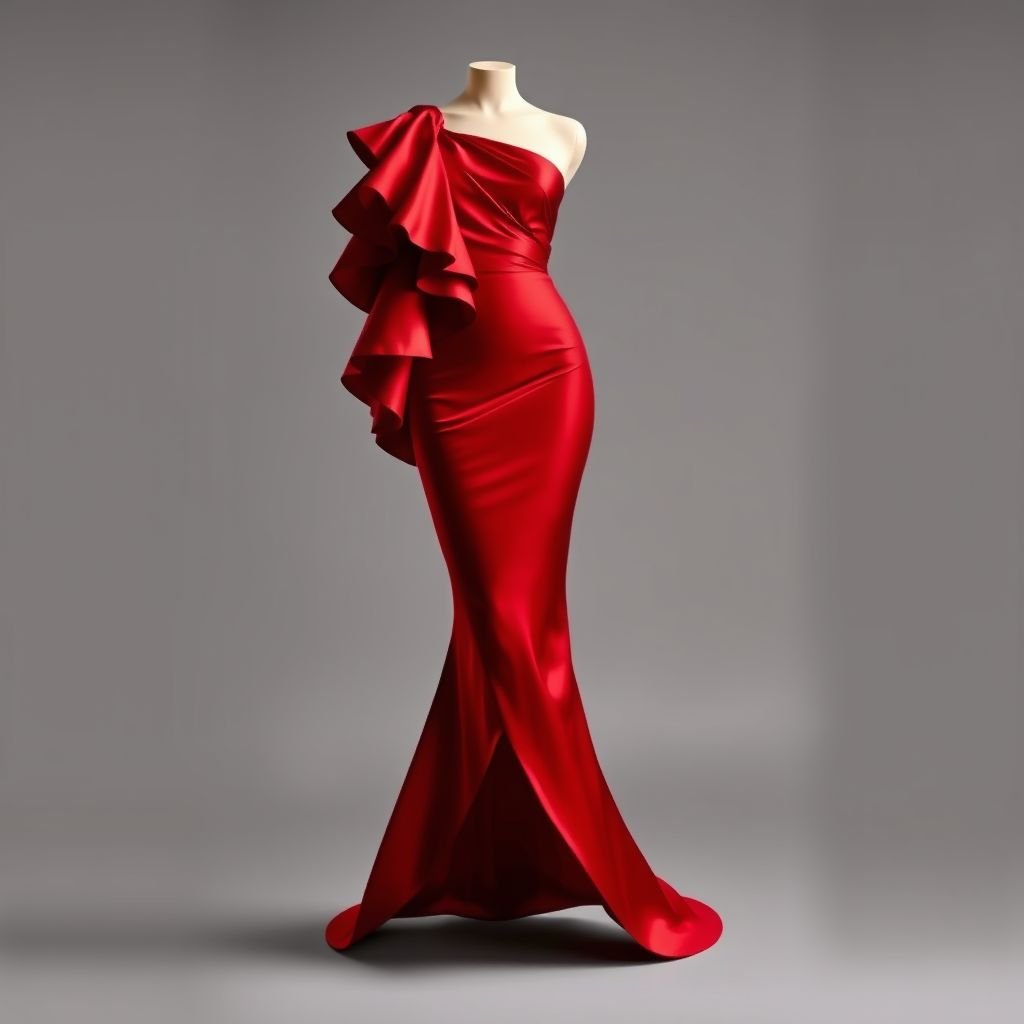 A red silk dress , thigh length without straps and a boot cut
Create a striking red silk dress featuring a thigh-length silhouette. The design boasts a daring strapless neckline, draping elegantly over the body, with asymmetrical ruffles cascading down one side. Flowing into a unique boot-cut hemline, the dress contrasts tailored structure with soft fluidity, ideal for an evening of bold sophistication.