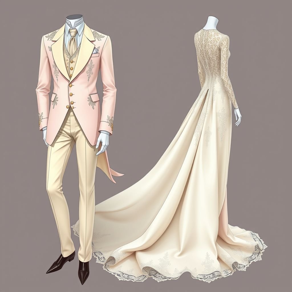 Bridgeton suit and dress train mix
Design a modern Bridgerton-inspired ensemble featuring a classic tailored suit in pastel hues, paired with a cascading dress train made of delicate silk and lace. The suit includes intricate embroidery reminiscent of Regency patterns, while the train flows elegantly behind, combining masculine sharpness with feminine grace, perfect for a grand soirée.
