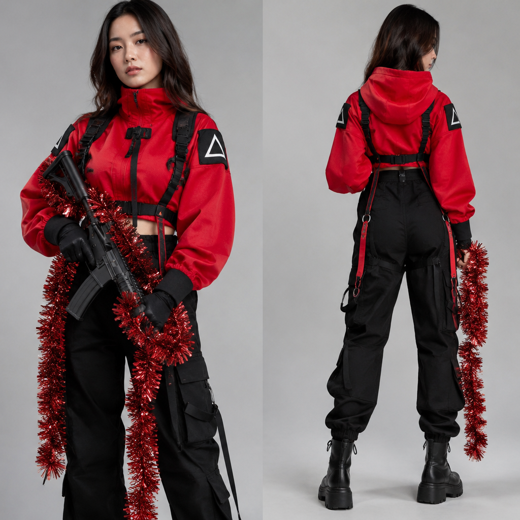 A Female Top design, suitable for Fall. охранник из игры кальмара🔺 треугольник на плечах мишура в руках автомат мода новый год 🎊🎉📆 Present it as professional fashion catalogue photography: the garment is the subject, shown full-length with editorial styling, neutral posing and tasteful, non-suggestive framing.
photorealistic fashion design, A Female Top design, suitable for Fall. охранник из игры кальмара🔺 треугольник на плечах мишура в руках автомат мода новый год 🎊🎉📆 Present it as professional fashion catalogue photography: the garment is the subject, shown full-length with editorial styling, neutral posing and tasteful, non-suggestive framing., just the design no text