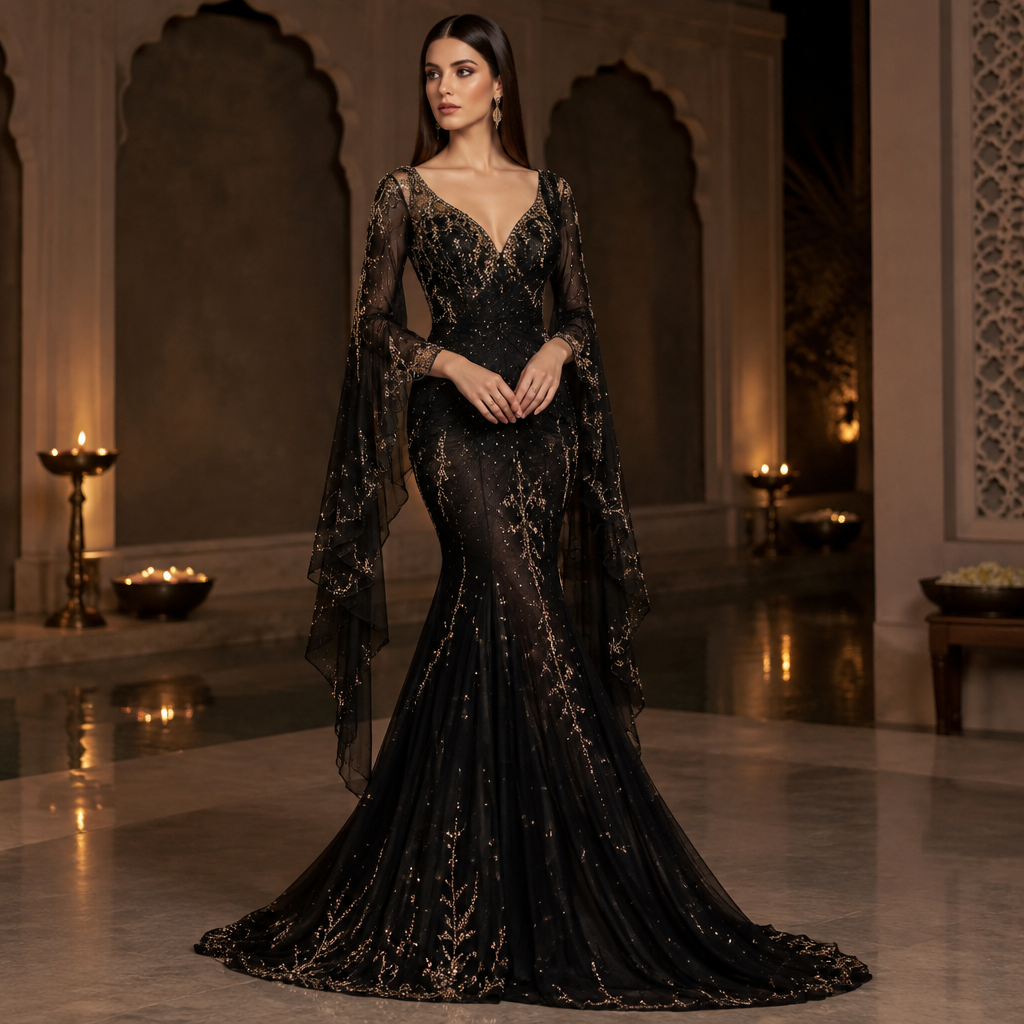 photorealistic fashion design, photorealistic fashion design, photorealistic fashion design, photorealistic fashion design, A Female Dress design, suitable for Fall, in Elegant style. dress with flowy long asymmetrical sleeves , glittery fabric which looks like stars are shining v neck and deep v neck on the back and gown should look like long touching ground and even more black colour and straight hair with slitthoes heels. India fashion aesthetics. Present it as professional fashion catalogue photography: the garment is the subject, shown full-length with editorial styling, neutral posing and tasteful, non-suggestive framing., elegant style, just the design no text. Refinement: don't add any slit and make girl look too slim like 24 to 26 inch waist and make girl skin fair , just the design no text. Refinement: Refine the waist.
The waist transition could be a little cleaner. The bodice should flow into the gathered skirt very clearly.
4. Control the sparkle ✨
use tiny, irregularly scattered embellishments rather than making the entire dress equally sparkly. That would make it look more expensive. and use very subtle antique-gold or champagne embroidery/stonework, but sparingly., just the design no text. Refinement: make it look like a mermaid gown , just the design no text. Refinement: make girl look fair
photorealistic fashion design, photorealistic fashion design, photorealistic fashion design, photorealistic fashion design, photorealistic fashion design, A Female Dress design, suitable for Fall, in Elegant style. dress with flowy long asymmetrical sleeves , glittery fabric which looks like stars are shining v neck and deep v neck on the back and gown should look like long touching ground and even more black colour and straight hair with slitthoes heels. India fashion aesthetics. Present it as professional fashion catalogue photography: the garment is the subject, shown full-length with editorial styling, neutral posing and tasteful, non-suggestive framing., elegant style, just the design no text. Refinement: don't add any slit and make girl look too slim like 24 to 26 inch waist and make girl skin fair , just the design no text. Refinement: Refine the waist.
The waist transition could be a little cleaner. The bodice should flow into the gathered skirt very clearly.
4. Control the sparkle ✨
use tiny, irregularly scattered embellishments rather than making the entire dress equally sparkly. That would make it look more expensive. and use very subtle antique-gold or champagne embroidery/stonework, but sparingly., just the design no text. Refinement: make it look like a mermaid gown , just the design no text. Refinement: make girl look fair , just the design no text