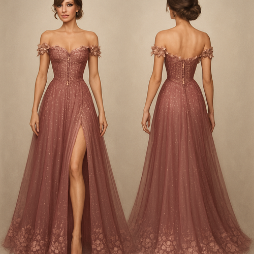 A flowy night gown with gems fading from the top down and a slit in the centre with a corset top and a flowery edge off the top and flowers at the bottom