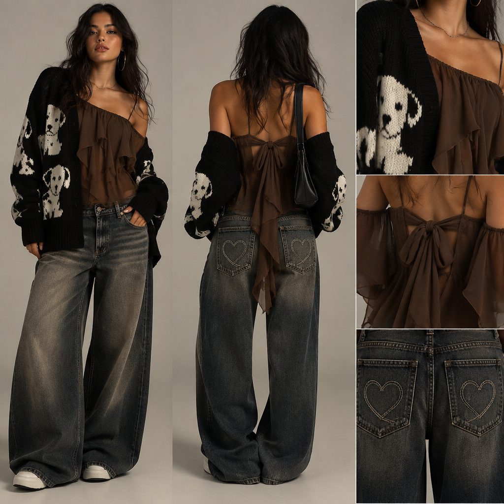 For the cardigan, I want the color to be black and white and the pattern I wanted to make it look like a dog and for the blouse I wanted it to be brown neck line and I want the design to be flowy like what I mean by that I just wanted to feel comfortable with the breeze and I want them to be like half shoulder. You know in the back I wanted to have like that looks like a tie in the back and for the pants, I want it to be silky jeans. I also want the pants, flowly and oversized and for the back of the jeans little hearts on the pockets and I want a model wearing it that is American, Salvadoran and Mexican girl who is 21 years old.
photorealistic fashion design, For the cardigan, I want the color to be black and white and the pattern I wanted to make it look like a dog and for the blouse I wanted it to be brown neck line and I want the design to be flowy like what I mean by that I just wanted to feel comfortable with the breeze and I want them to be like half shoulder. You know in the back I wanted to have like that looks like a tie in the back and for the pants, I want it to be silky jeans. I also want the pants, flowly and oversized and for the back of the jeans little hearts on the pockets and I want a model wearing it that is American, Salvadoran and Mexican girl who is 21 years old., streetwear style, just the design no text, show front and back