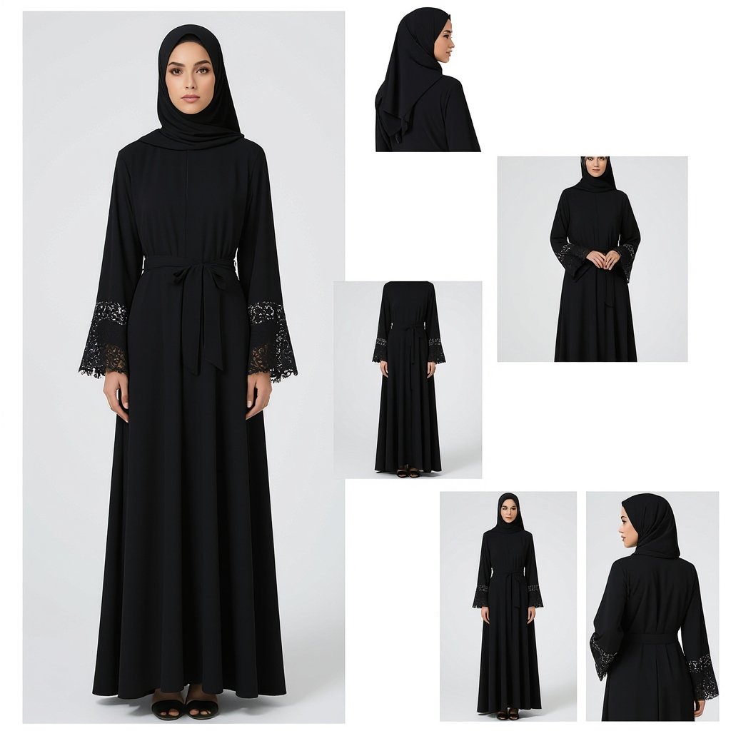 Black Abaya, A line cut , lace all over the abaya
Black A-line abaya, lace trim, long sleeves.
