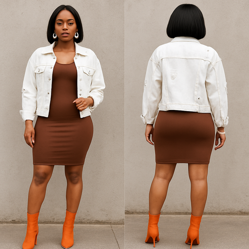 Black woman
Bodycon brown dress 
Whitelong ripped jean jacket 
White  earrings and bracelet 
Bob 
Orange boot heels 
