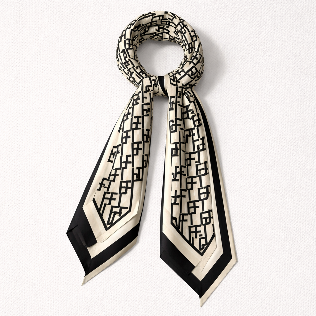 Design a silk scarf 5x86cm that has geometric fractal pattern of the initials JF that is neutral with black and white and cream
Design a silk scarf 5x86cm that has geometric fractal pattern of the initials JF that is neutral with black and white and cream, classic style