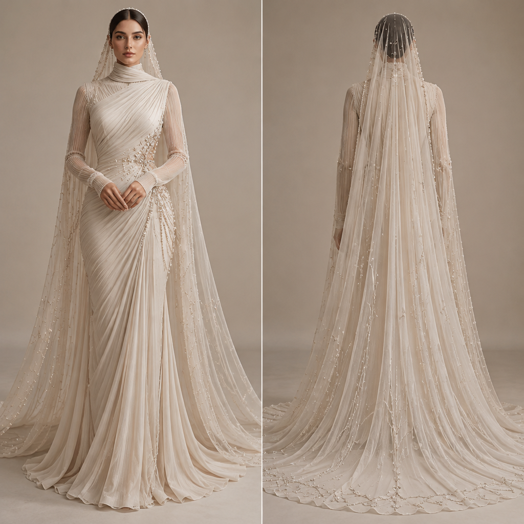 Silhouette & Draping
• Fabrication: The gown is crafted from a micro-pleated, lightweight cream-colored chiffon or georgette. The fabric is tightly gathered and layered diagonally across the body to emphasize the natural contours of the figure.
• Asymmetrical Neckline: It features a unique, asymmetric neckline where the pleated fabric wraps smoothly around the neck like a high scarf collar, leaving one shoulder completely bare except for a delicate structural strap.
Bold Cutouts & Hardware
• Exposed Side: The dress features a dramatic, plunging cutout that completely exposes one side of the torso and ribs, introducing a daring, contemporary contrast to the soft draping.
• Pearl Bridging: Strands of delicate white pearls and fine silver chains act as functional hardware, bridging the open cutout together and holding the structure of the gown in place. These pearls continue downward, delicately scattered across the front of the hip.
Sleeves & Cape Detail
• Liquid Illusion Sleeves: The sheer, long sleeves are finely plissé-pleated to give a rippled, water-like appearance.
• Cape Overlay: An attached, floor-length matching cream cape drapes effortlessly from the back of the neck scarf, pooling into a soft, airy train that flows behind as she walks. Dont expose any skin any shoulder any breast . The veil shuld be clear with minimal seeding and design with sparlkly crystal
photorealistic fashion design,
Silhouette & Draping
• Fabrication: The gown is crafted from a micro-pleated, lightweight cream-colored chiffon or georgette. The fabric is tightly gathered and layered diagonally across the body to emphasize the natural contours of the figure.
• Asymmetrical Neckline: It features a unique, asymmetric neckline where the pleated fabric wraps smoothly around the neck like a high scarf collar, leaving one shoulder completely bare except for a delicate structural strap.
Bold Cutouts & Hardware
• Exposed Side: The dress features a dramatic, plunging cutout that completely exposes one side of the torso and ribs, introducing a daring, contemporary contrast to the soft draping.
• Pearl Bridging: Strands of delicate white pearls and fine silver chains act as functional hardware, bridging the open cutout together and holding the structure of the gown in place. These pearls continue downward, delicately scattered across the front of the hip.
Sleeves & Cape Detail
• Liquid Illusion Sleeves: The sheer, long sleeves are finely plissé-pleated to give a rippled, water-like appearance.
• Cape Overlay: An attached, floor-length matching cream cape drapes effortlessly from the back of the neck scarf, pooling into a soft, airy train that flows behind as she walks. Dont expose any skin any shoulder any breast . The veil shuld be clear with minimal seeding and design with sparlkly crystal
, just the design no text, show front and back