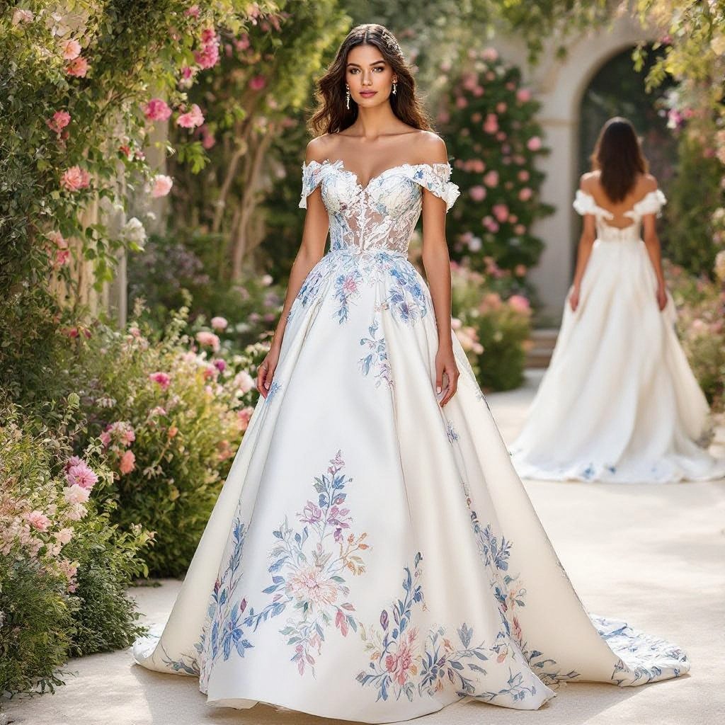 Make it off shoulder for garden theme mother of the groom
Haute Couture fashion: Off-shoulder gown in silk, intricately embroidered with floral motifs. Form-fitting bodice, dramatic full skirt. Garden theme, Mother of the Groom.