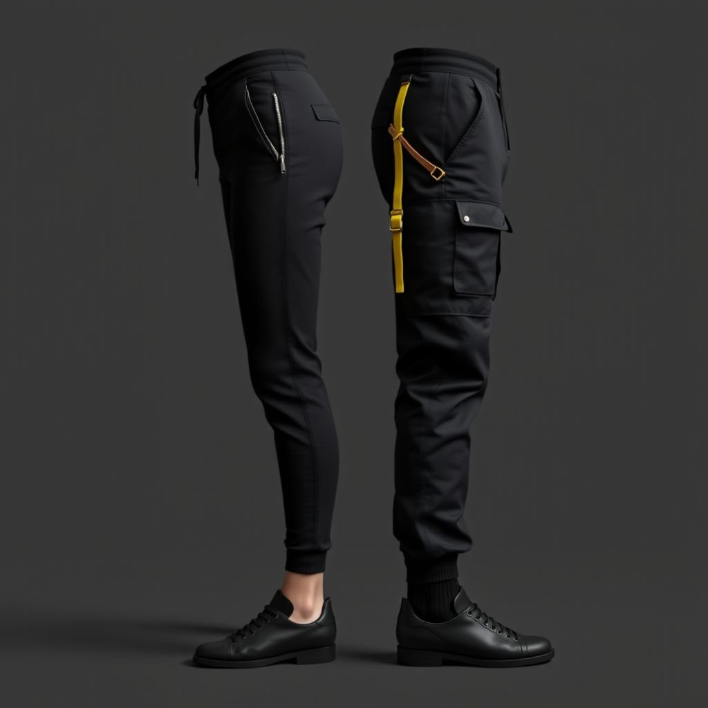 2 High-detail Pants: One technical jogger (zip ankles, side snaps) • One cargo/utility trouser with unique pocket placements and adjustable strap elements, Jet Black, Acid Yellow, muted Gold, Smoky Charcoal
Design two high-detail minimalist pants: a sleek technical jogger with zippered ankles and discreet side snaps, emphasizing clean lines and functionality. Pair it with bold cargo trousers in jet black, featuring strategically placed pockets and subtle adjustable straps in acid yellow and muted gold accents, all set against a backdrop of smoky charcoal.