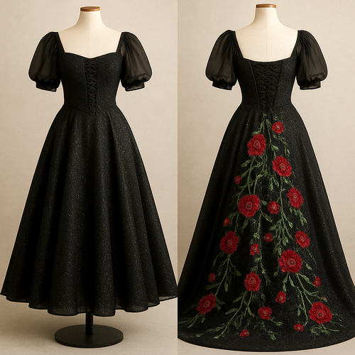 Glittery swing dress,black color, 1/3 sleeves puffy chiffon sleeves. With red roses and green vines embroidered cascading down the back of the dress flowing along the train. Corset top and lace up back.