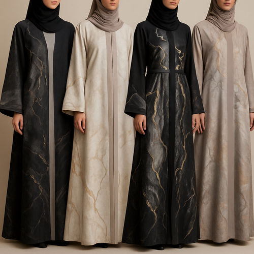 Create a modest abaya that's the first of its kind, featuring a unique stone design that exudes a classy and sophisticated vibe. I'd like four designs, each showcasing different styles and fabrics.
Incorporate high-end, unique chic stone designs to make them truly special.