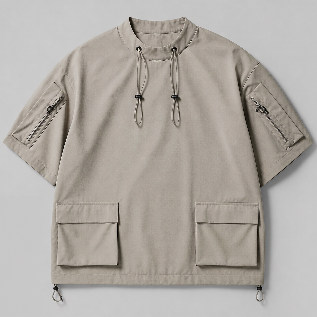 A Male Top design, made of Cotton, for Streetwear, suitable for Summer, in Streetwear style. Double hole round pullcord 2 pockets on the sleeves and at the bottom. Design with modest coverage.
photorealistic fashion design, A Male Top design, made of Cotton, for Streetwear, suitable for Summer, in Streetwear style. Double hole round pullcord 2 pockets on the sleeves and at the bottom. Design with modest coverage., streetwear style, just the design no text