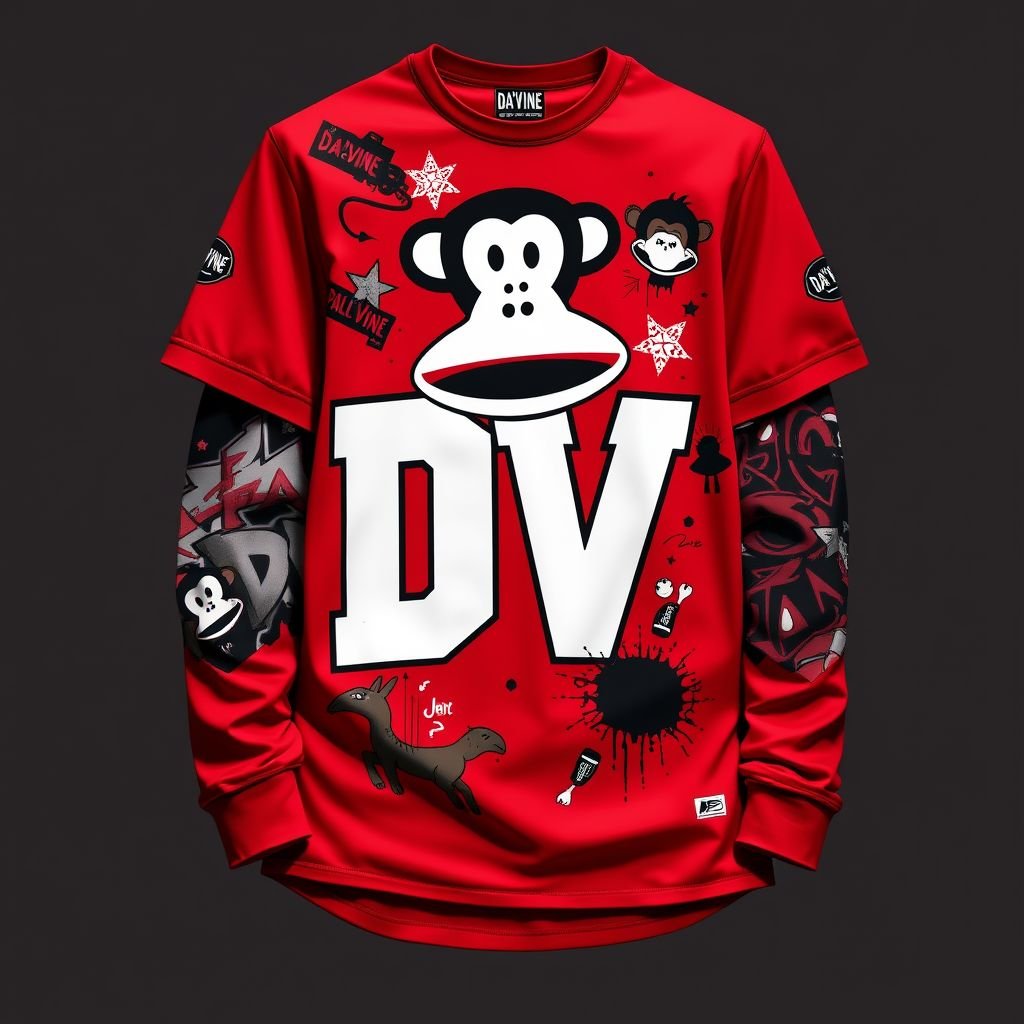 Do a collab with my brand “Da’Vine” or “DV” and “Paul frank” with the monkey symbol. Create a shirt with another long sleeve shirt under it. and create a design for the collab on it! With “DV” somewhere on it. Make it red and black
Design a striking streetwear collaboration for “Da’Vine” (DV) and Paul Frank, featuring the iconic monkey symbol. Create a bold red and black layered shirt: a short-sleeved top adorned with playful monkey graphics and “DV” prominently displayed. The long sleeve underneath has stylish graffiti-inspired patterns, enhancing urban flair and functionality.